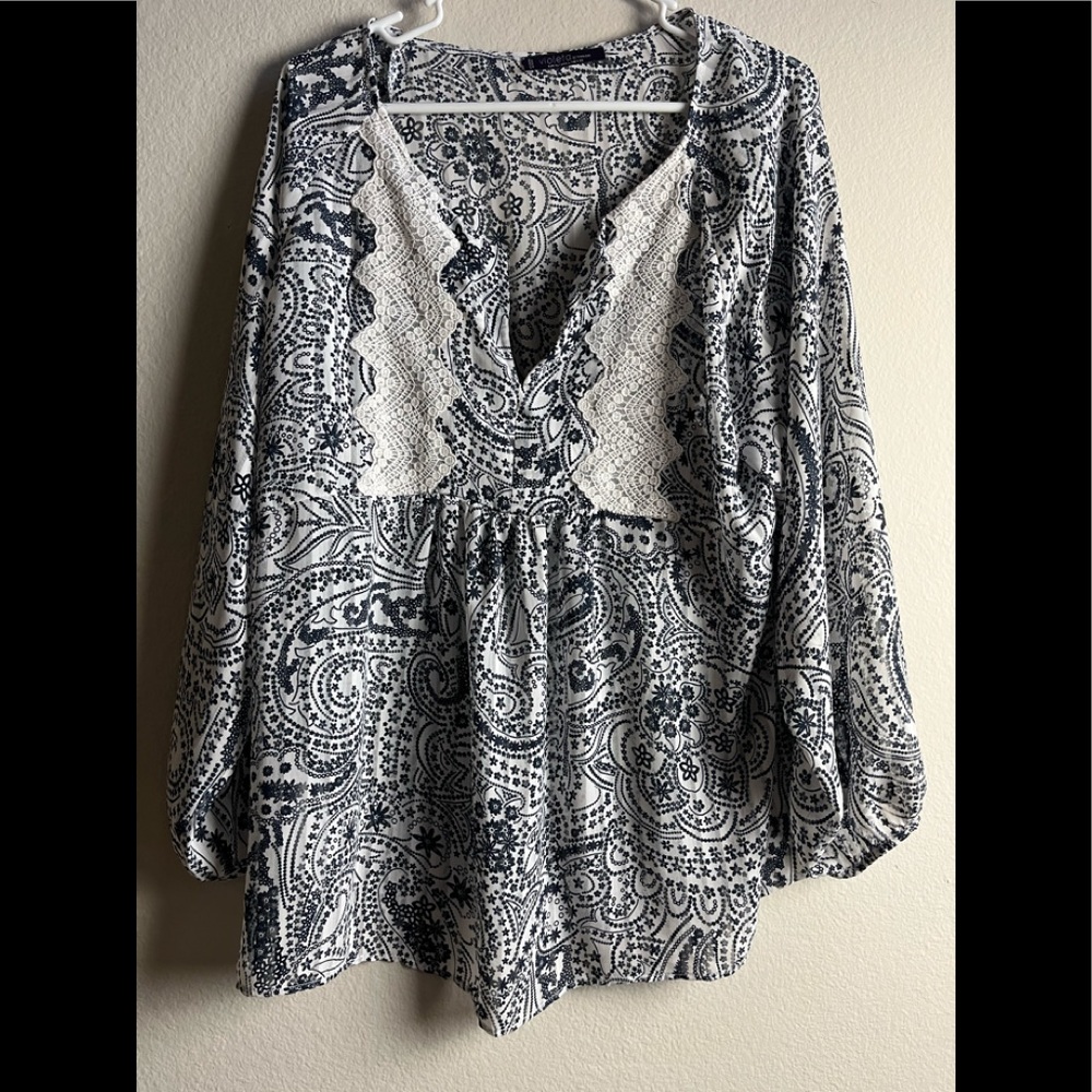 VIOLETA BY MANGO BOHO PEASANT BLUE AND WHITE  LONG SLEEVE BLOUSE LARGE PRE-OWNED